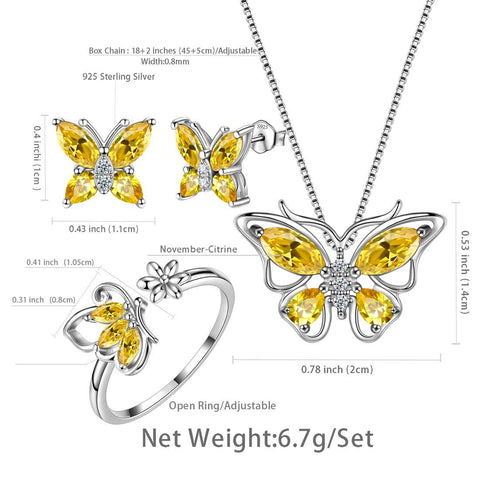 Set di gioielli con citrino di novembre con pietra portafortuna a forma di farfalla, regalo di compleanno per ragazze da donna, 4 pezzi