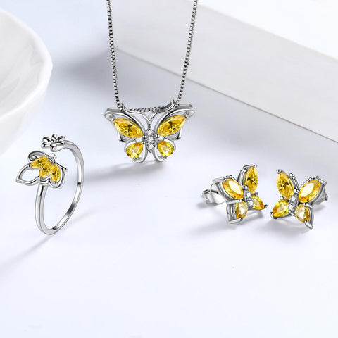 Set di gioielli con citrino di novembre con pietra portafortuna a forma di farfalla, regalo di compleanno per ragazze da donna, 4 pezzi