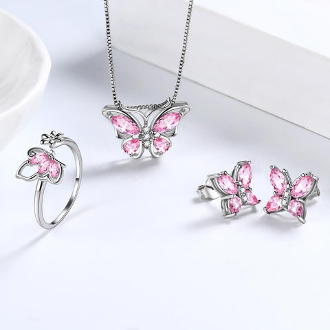 Set di gioielli con tormalina di ottobre con pietre portafortuna a forma di farfalla, 4 pezzi, regalo di compleanno per ragazze e donne