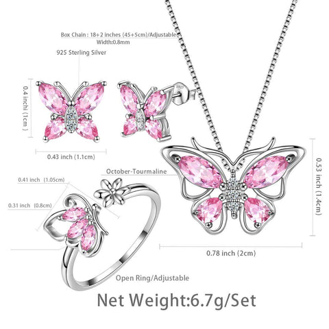 Set di gioielli con tormalina di ottobre con pietre portafortuna a forma di farfalla, 4 pezzi, regalo di compleanno per ragazze e donne