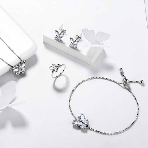 Set di gioielli con diamanti di aprile con pietra portafortuna a forma di farfalla, regalo di compleanno per ragazze da 5 pezzi
