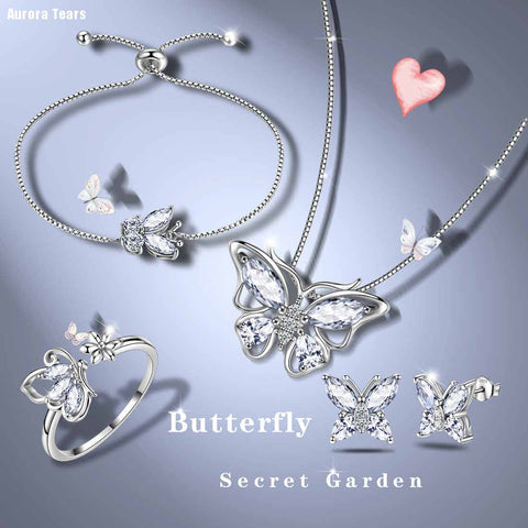 Set di gioielli con diamanti di aprile con pietra portafortuna a forma di farfalla, regalo di compleanno per ragazze da 5 pezzi