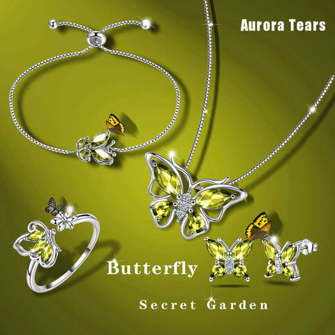 Schmetterlings-Geburtsstein-Peridot-Schmuckset für August, 5-teiliges Damen- und Mädchen-Geburtstagsgeschenk
