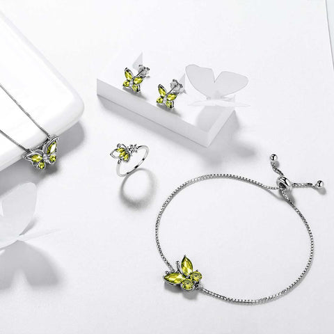Schmetterlings-Geburtsstein-Peridot-Schmuckset für August, 5-teiliges Damen- und Mädchen-Geburtstagsgeschenk