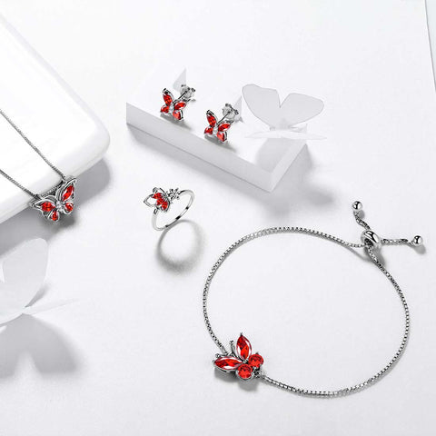 Schmetterlings-Geburtsstein-Schmuckset mit Januar-Granat, 5-teilig, für Damen und Mädchen, Geburtstagsgeschenk