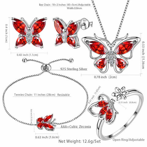 Schmetterlings-Geburtsstein-Schmuckset mit Januar-Granat, 5-teilig, für Damen und Mädchen, Geburtstagsgeschenk