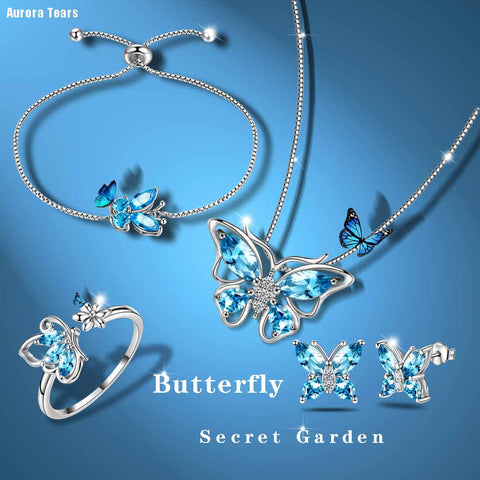 Schmetterlings-Geburtsstein-März-Aquamarin-Schmuckset, 5-teiliges Damen- und Mädchen-Geburtstagsgeschenk
