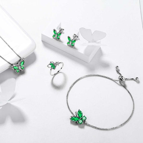 Set di gioielli con smeraldi di maggio con pietra portafortuna a forma di farfalla, regalo di compleanno per ragazze da 5 pezzi