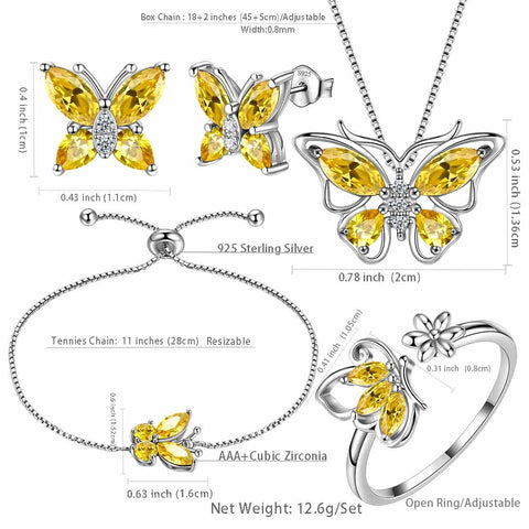 Set di gioielli con citrino di novembre con pietra portafortuna a forma di farfalla, regalo di compleanno per ragazze da 5 pezzi