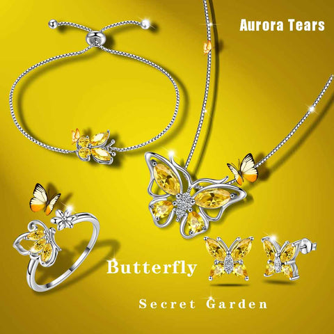 Set di gioielli con citrino di novembre con pietra portafortuna a forma di farfalla, regalo di compleanno per ragazze da 5 pezzi