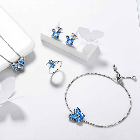Set di gioielli in zaffiro di settembre con pietre portafortuna a forma di farfalla, regalo di compleanno per ragazze da donna, 5 pezzi