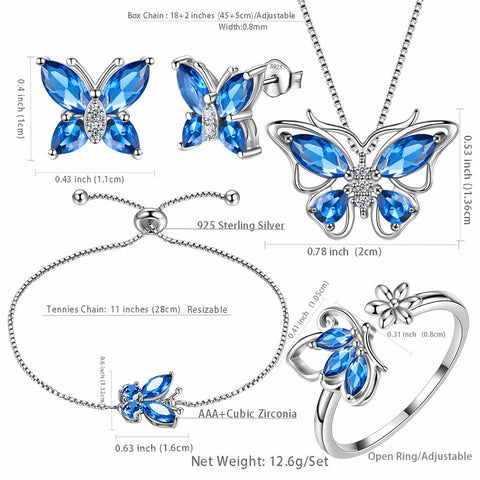 Set di gioielli in zaffiro di settembre con pietre portafortuna a forma di farfalla, regalo di compleanno per ragazze da donna, 5 pezzi