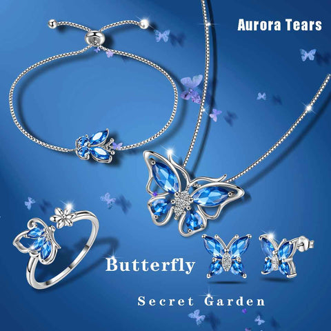 Set di gioielli in zaffiro di settembre con pietre portafortuna a forma di farfalla, regalo di compleanno per ragazze da donna, 5 pezzi