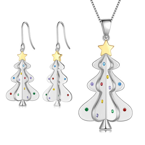 Women Christmas Tree Pendant Necklace Dangle Earrings Hoops Jewelry Set Christmas Gifts Xmas for Girls Daughter