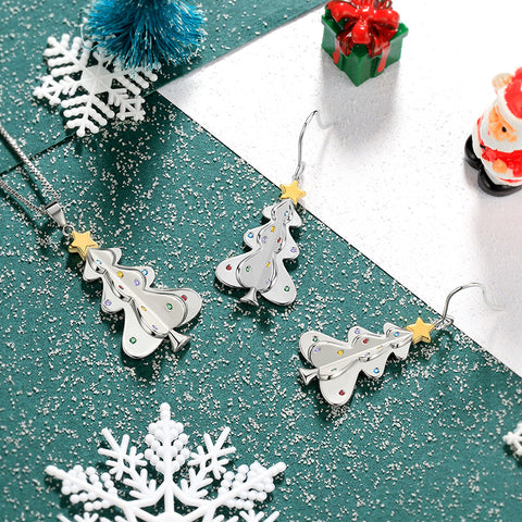 Women Christmas Tree Pendant Necklace Dangle Earrings Hoops Jewelry Set Christmas Gifts Xmas for Girls Daughter