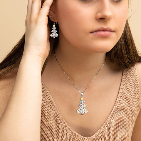 Women Christmas Tree Pendant Necklace Dangle Earrings Hoops Jewelry Set Christmas Gifts Xmas for Girls Daughter