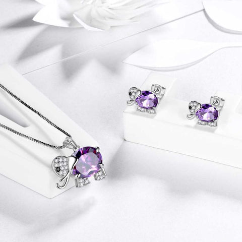 Set di gioielli con ametista di febbraio e pietra portafortuna di elefante, regalo di compleanno per ragazze da donna, 3 pezzi