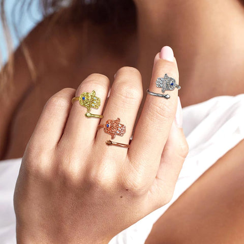 Anillo azul contra el mal de ojo, joyería de protección para hombres y mujeres, anillo abierto a mano de Lotus Fátima Hamsa, plata de ley