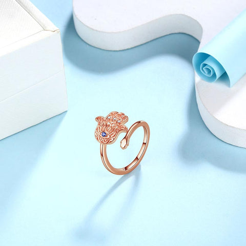 Anillo azul contra el mal de ojo, joyería de protección para hombres y mujeres, anillo abierto a mano de Lotus Fátima Hamsa, plata de ley