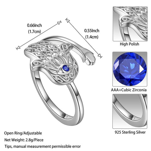 Anillo azul contra el mal de ojo, joyería de protección para hombres y mujeres, anillo abierto a mano de Lotus Fátima Hamsa, plata de ley