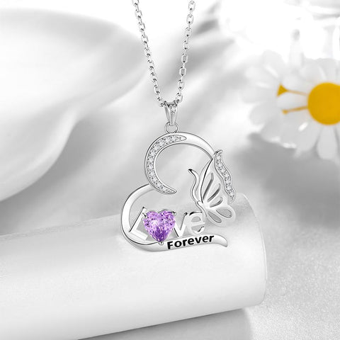 Herzförmige Geburtsstein-Schmetterlingskette aus 925er Sterlingsilber mit Feuerwerksschliff-Zirkonia-Anhänger – Schmuckstück, Weihnachts-, Valentinstags- oder Geburtstagsgeschenk für Mutter und Tochter