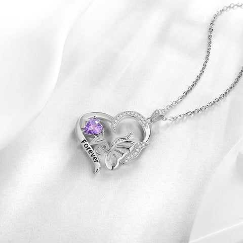 Herzförmige Geburtsstein-Schmetterlingskette aus 925er Sterlingsilber mit Feuerwerksschliff-Zirkonia-Anhänger – Schmuckstück, Weihnachts-, Valentinstags- oder Geburtstagsgeschenk für Mutter und Tochter