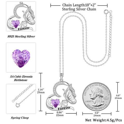 Herzförmige Geburtsstein-Schmetterlingskette aus 925er Sterlingsilber mit Feuerwerksschliff-Zirkonia-Anhänger – Schmuckstück, Weihnachts-, Valentinstags- oder Geburtstagsgeschenk für Mutter und Tochter