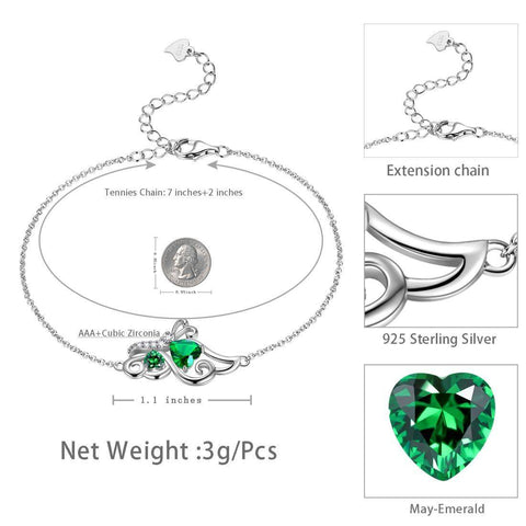 Farfalla Birthstone May Smeraldo Bracciale Donna Ragazza Gioielli Regalo di compleanno Argento sterling 925