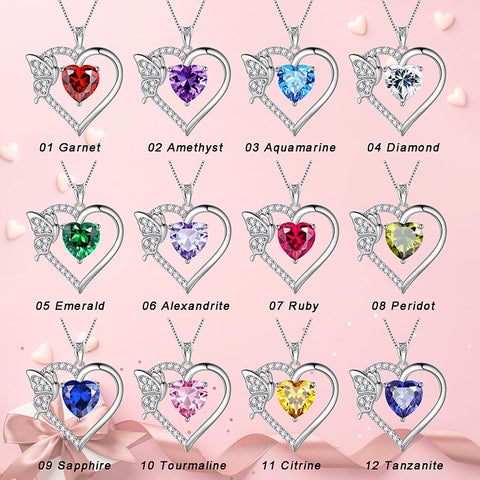 Women Heart Necklace Birthstone Butterfly Pendant Jewelry Girls Birthday Gifts 925 Sterling Silver