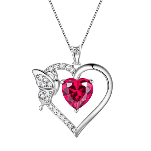 Women Heart Necklace Birthstone Butterfly Pendant Jewelry Girls Birthday Gifts 925 Sterling Silver