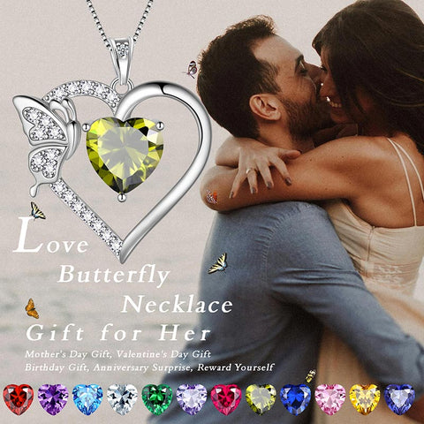 Women Heart Necklace Birthstone Butterfly Pendant Jewelry Girls Birthday Gifts 925 Sterling Silver
