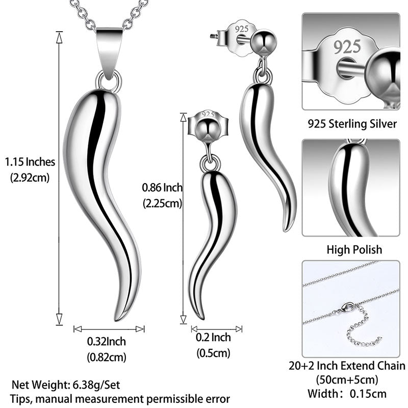 Lucky Italian Horn Necklace Earrings Jewelry Set 925 Sterling Silver - Jewelry Set - Aurora Tears