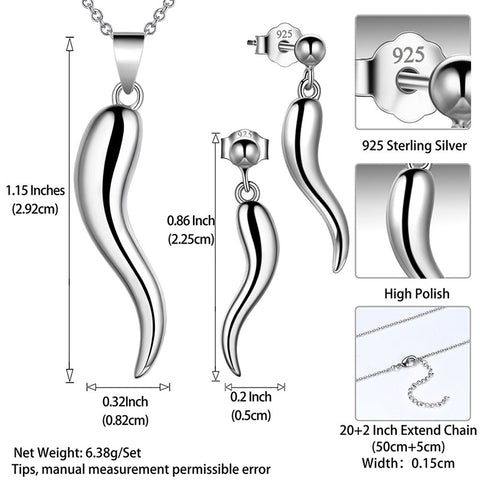 Lucky Italian Horn Necklace Earrings Jewelry Set 925 Sterling Silver - Jewelry Set - Aurora Tears