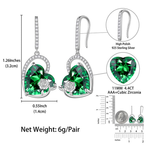 Orecchini pendenti con gancio in argento sterling da donna, a forma di cuore, con pietra portafortuna, in cristallo e rosa, per ragazze, regalo di compleanno, San Valentino e Natale