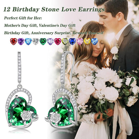 Orecchini pendenti con gancio in argento sterling da donna, a forma di cuore, con pietra portafortuna, in cristallo e rosa, per ragazze, regalo di compleanno, San Valentino e Natale