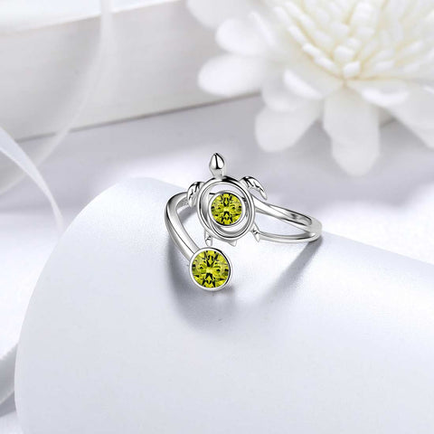 Bague péridot tortue avec pierre de naissance août pour femmes et filles, bijoux cadeau d'anniversaire en argent sterling