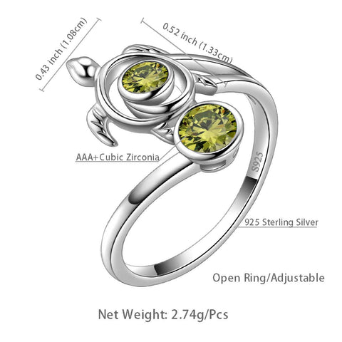 Bague péridot tortue avec pierre de naissance août pour femmes et filles, bijoux cadeau d'anniversaire en argent sterling