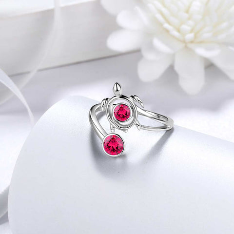Bague tortue avec pierre de naissance juillet et rubis pour femmes et filles, bijoux cadeau d'anniversaire en argent sterling