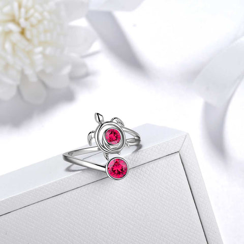 Bague tortue avec pierre de naissance juillet et rubis pour femmes et filles, bijoux cadeau d'anniversaire en argent sterling