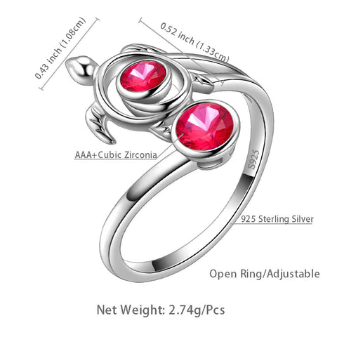 Bague tortue avec pierre de naissance juillet et rubis pour femmes et filles, bijoux cadeau d'anniversaire en argent sterling