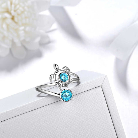 Bague tortue avec pierre de naissance de mars, aigue-marine, bijoux pour femmes et filles, cadeau d'anniversaire en argent sterling