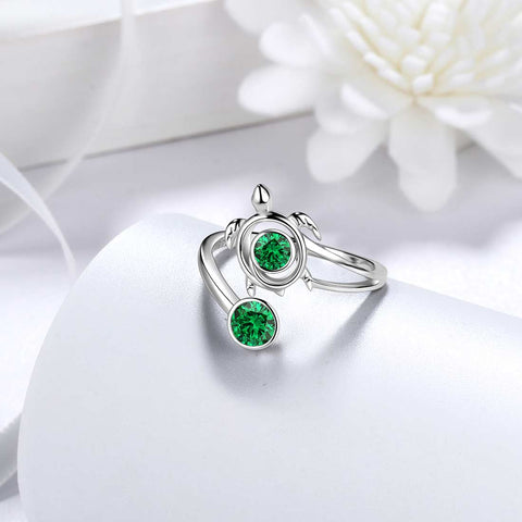 Bague tortue avec pierre de naissance de mai et émeraude pour femmes et filles, bijoux cadeau d'anniversaire en argent sterling
