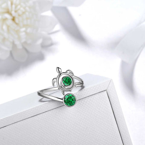 Bague tortue avec pierre de naissance de mai et émeraude pour femmes et filles, bijoux cadeau d'anniversaire en argent sterling