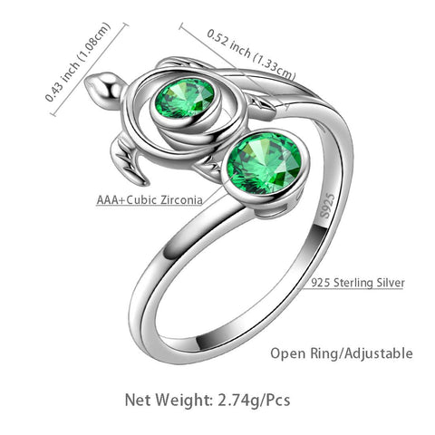 Bague tortue avec pierre de naissance de mai et émeraude pour femmes et filles, bijoux cadeau d'anniversaire en argent sterling