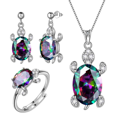 Conjuntos de joyas de tortuga para mujer, 4 piezas, piedra natal, regalo de cumpleaños para niñas, plata de ley