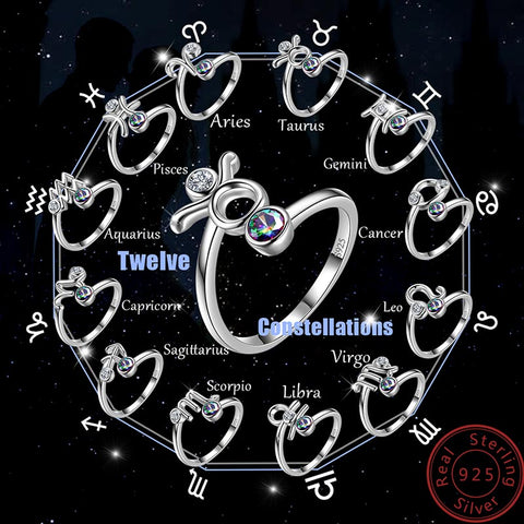 Anillo del zodiaco Joyería de topacio místico Mujeres 12 Anillo de signo del horóscopo Plata de ley 925