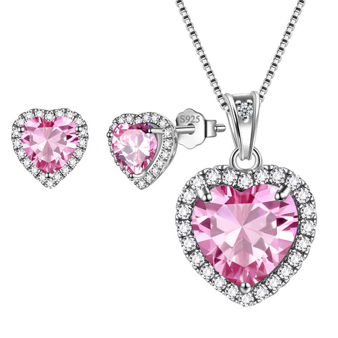 Pink Heart Jewelry Sets for Women, Tourmaline October Birthstone Jewelry Set Necklace Earrings 925 Sterling Silver Jewelry Girls Birthday Valentine's Day Gifts