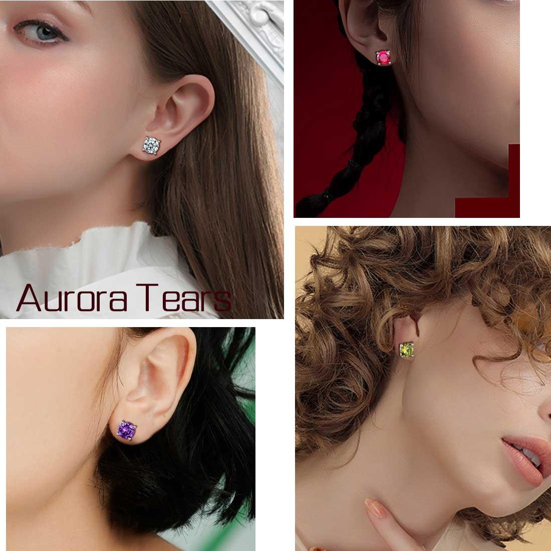 Round Birthstone April Diamond Earrings Sterling Silver - Earrings - Aurora Tears