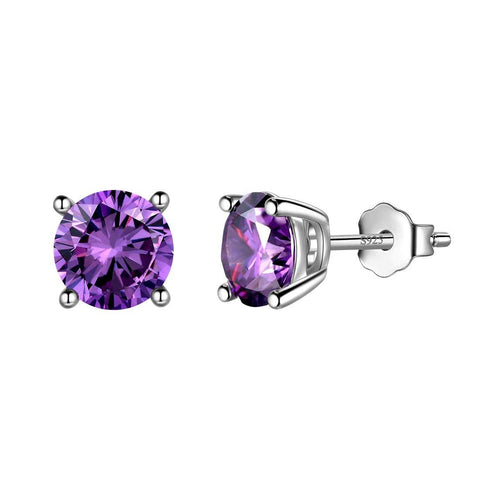 Round Birthstone February Amethyst Earrings Sterling Silver - Earrings - Aurora Tears