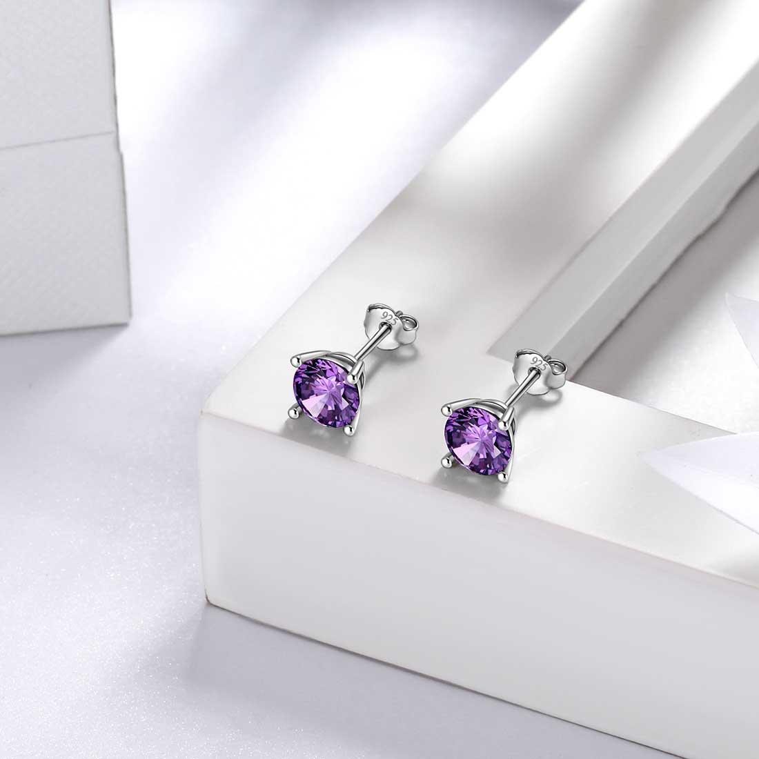 Round Birthstone February Amethyst Earrings Sterling Silver - Earrings - Aurora Tears